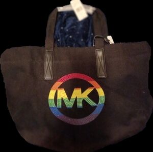 Michael Kors Blk Tote w/ Rainbow Crystal "MK" Detail